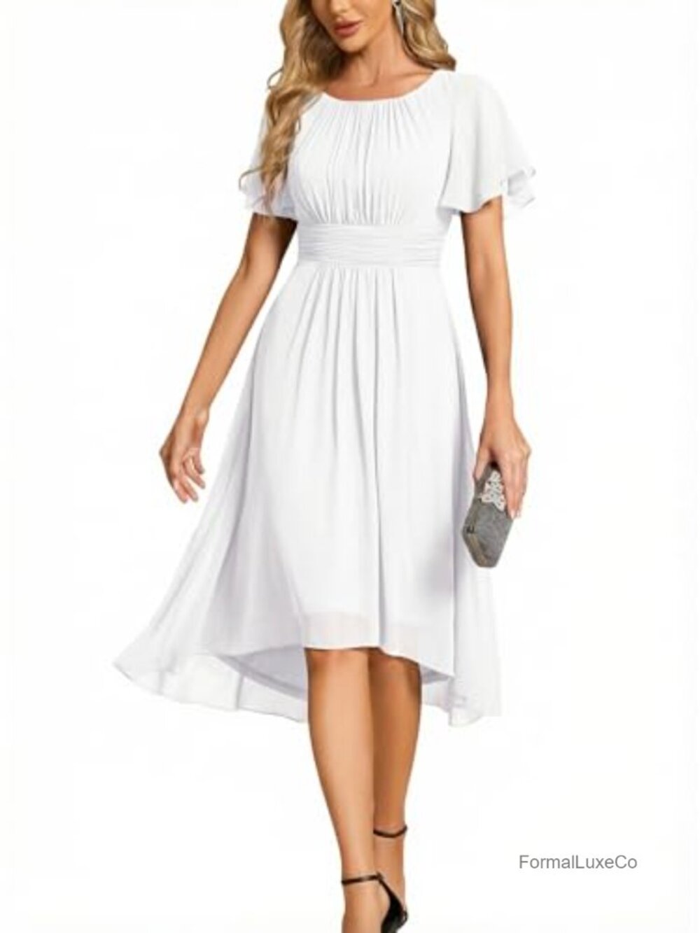 Chiffon Midi High Low Dress Ruffle Sleeve Wedding Guest Cocktail